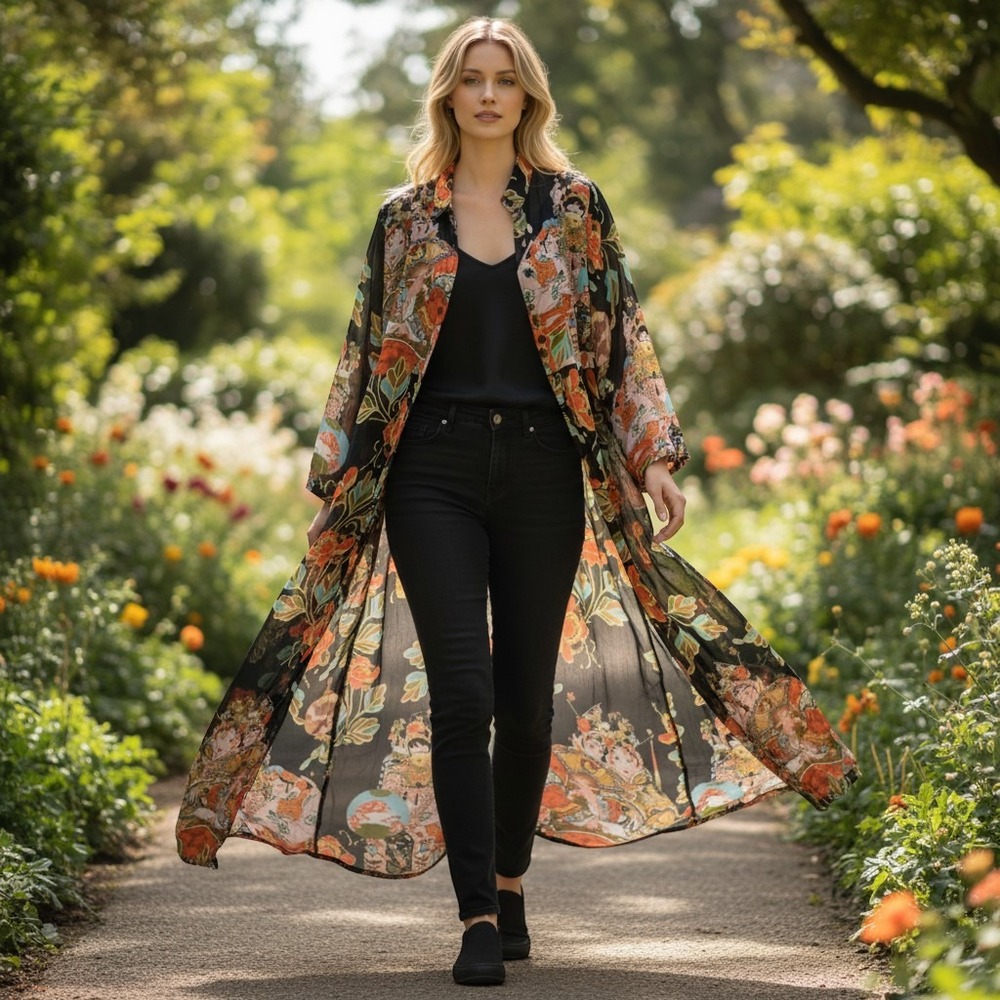 Citron Santa Monica Duster Cardigan Womens Small Black Silk Blend Geisha Floral